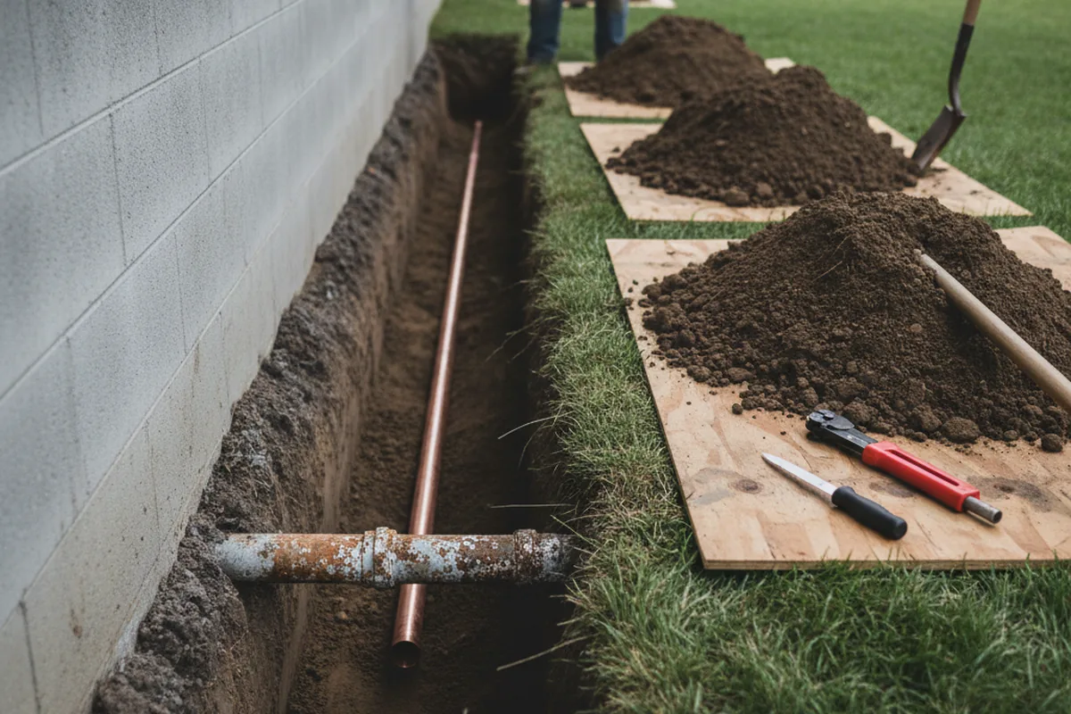 Excavated water line trench during Water Softener Installation in Denbo